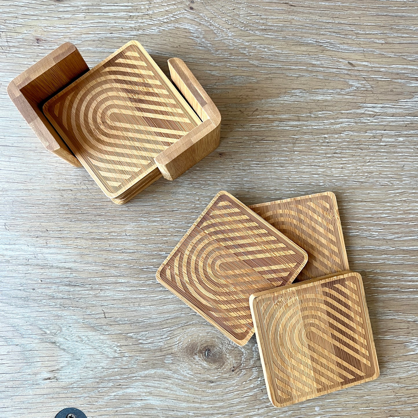 Square wooden coasters with Art deco design