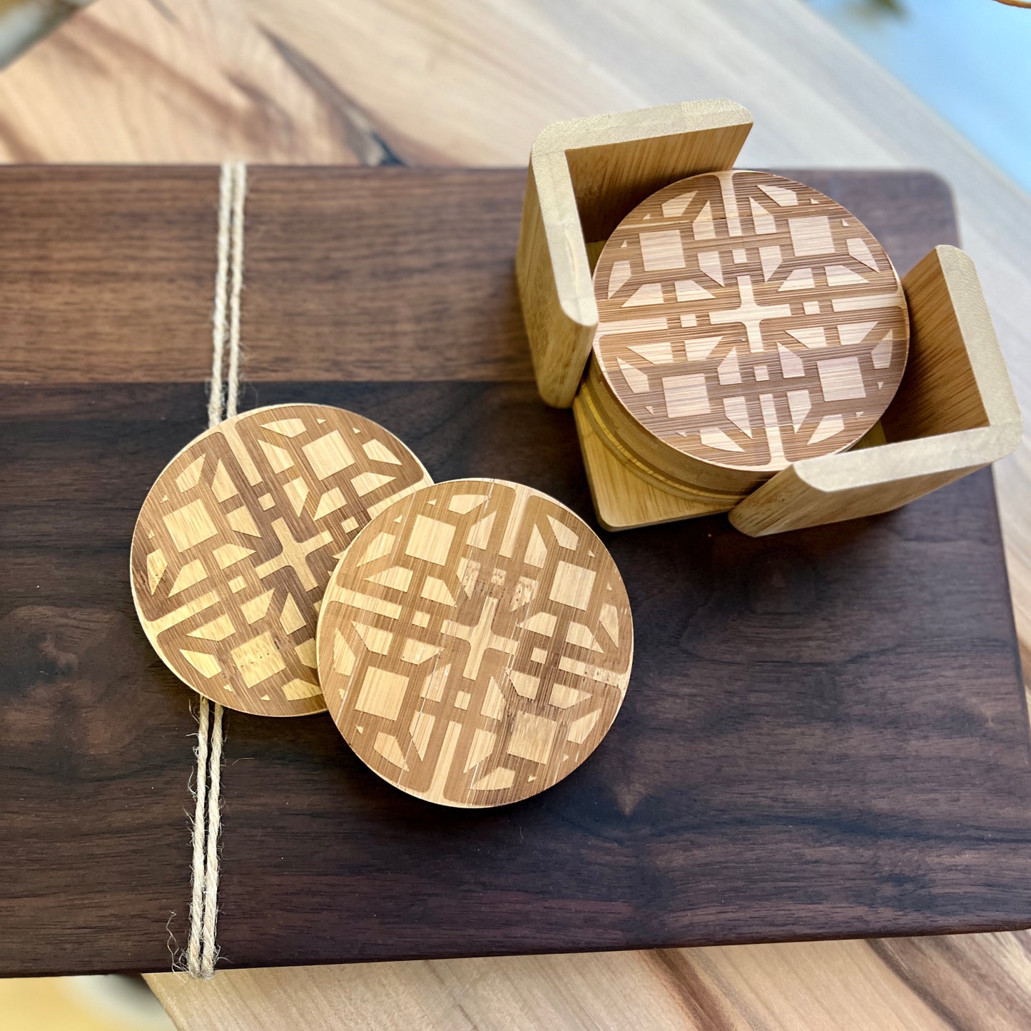 Circle wooden coasters with geometric design