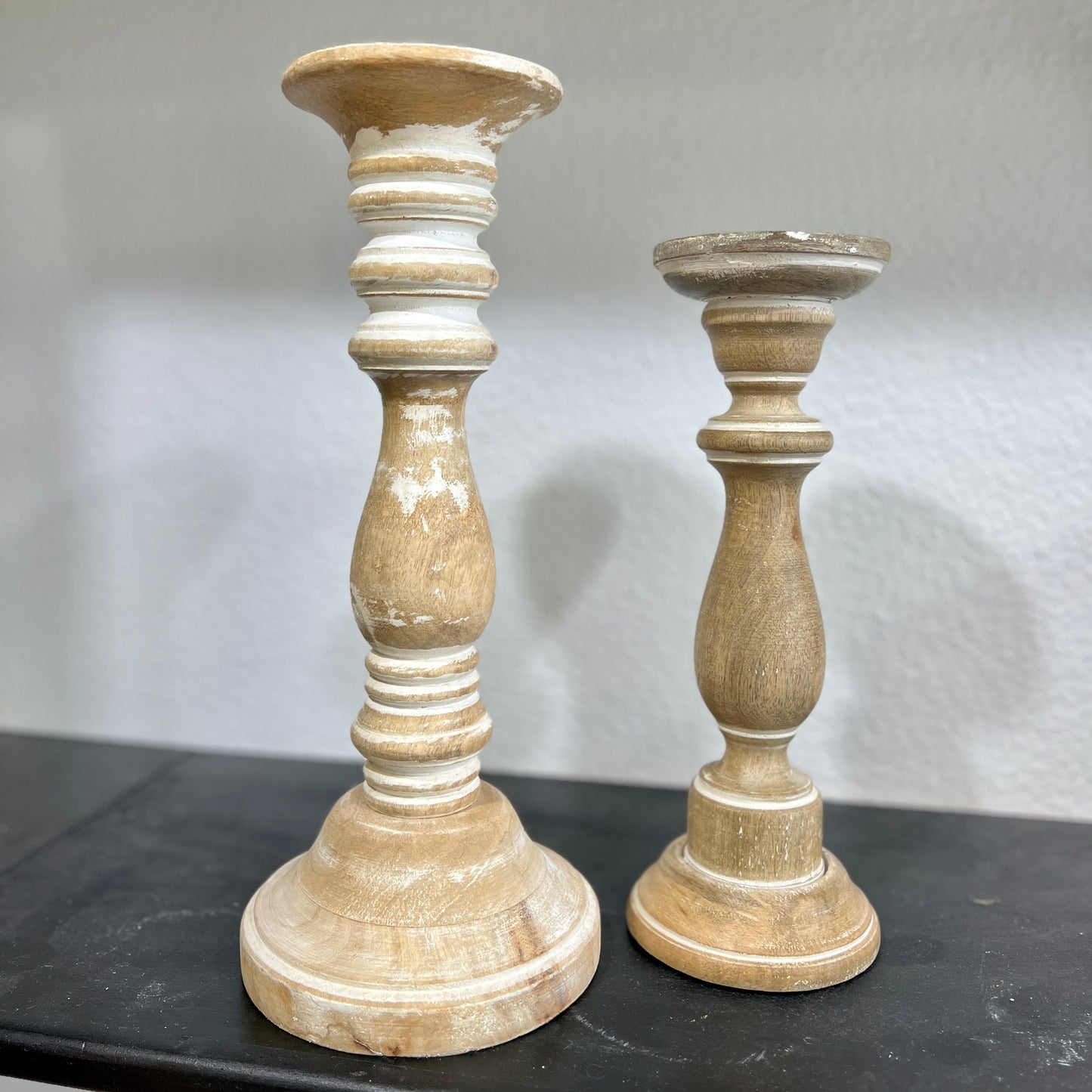 White wash wooden candlestick 14.5in