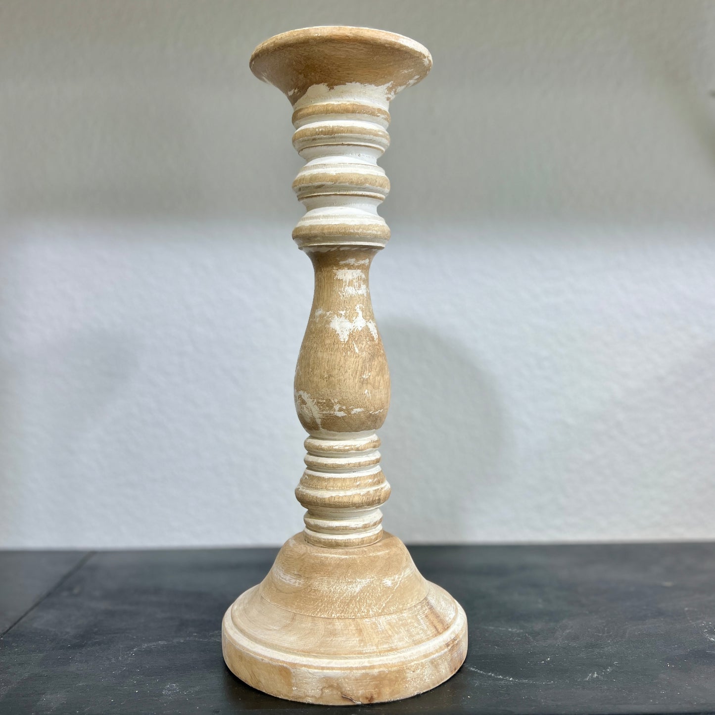 White wash wooden candlestick 14.5in